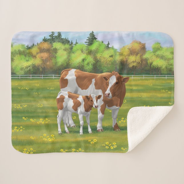 Guernsey Cow & Cute Calf in Summer Pasture Sherpa Blanket (Front (Horizontal))