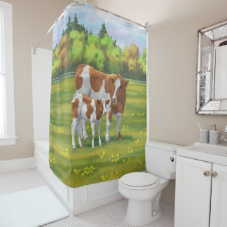 Guernsey Cow & Cute Calf in Summer Pasture Shower Curtain