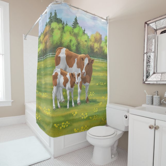 Guernsey Cow & Cute Calf in Summer Pasture Shower Curtain (In Situ)
