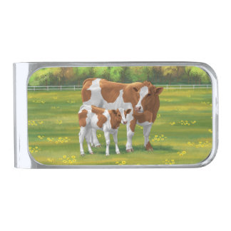 Guernsey Cow & Cute Calf in Summer Pasture Silver Finish Money Clip