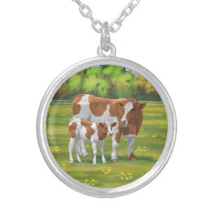 Guernsey Cow & Cute Calf in Summer Pasture Silver Plated Necklace