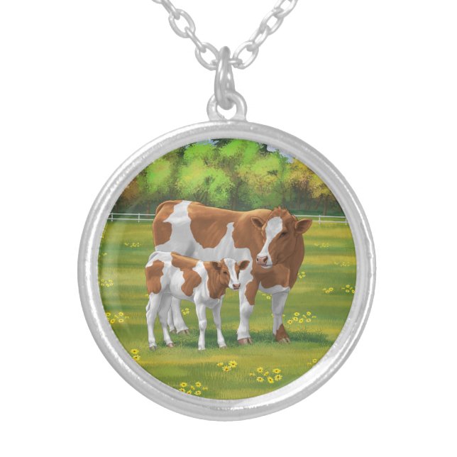 Guernsey Cow & Cute Calf in Summer Pasture Silver Plated Necklace (Front)