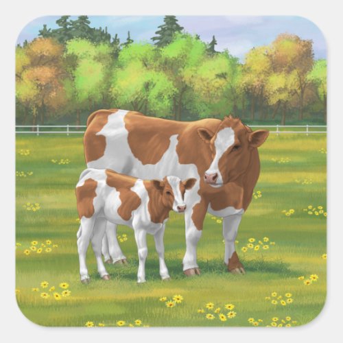 Guernsey Cow  Cute Calf in Summer Pasture Square Sticker