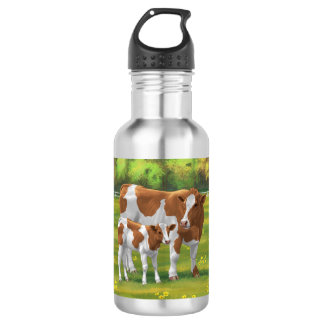 Guernsey Cow & Cute Calf in Summer Pasture Stainless Steel Water Bottle