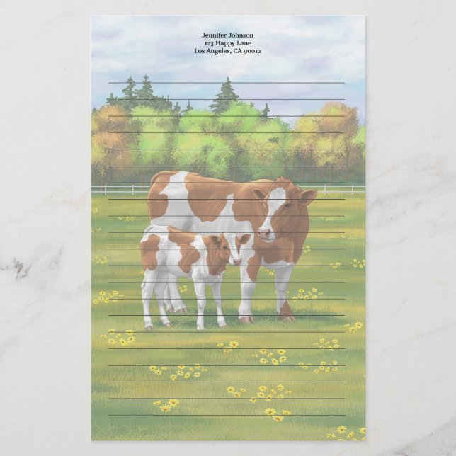 Guernsey Cow & Cute Calf in Summer Pasture Stationery (Front)