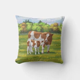 Guernsey Cow & Cute Calf in Summer Pasture Throw Pillow