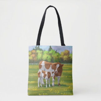 Guernsey Cow & Cute Calf in Summer Pasture Tote Bag