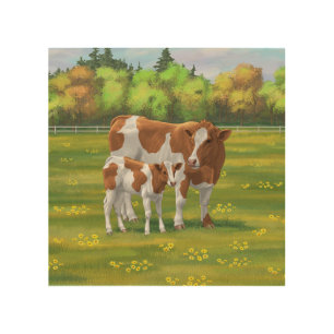 Guernsey Cow & Cute Calf in Summer Pasture Wood Wall Art