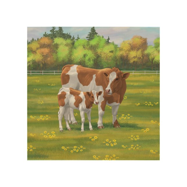 Guernsey Cow & Cute Calf in Summer Pasture Wood Wall Art (Front)