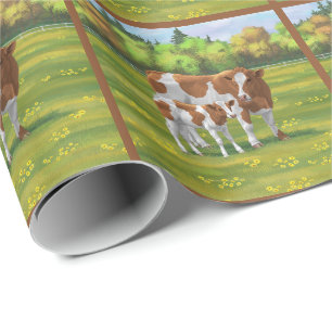 Guernsey Cow & Cute Calf in Summer Pasture Wrapping Paper