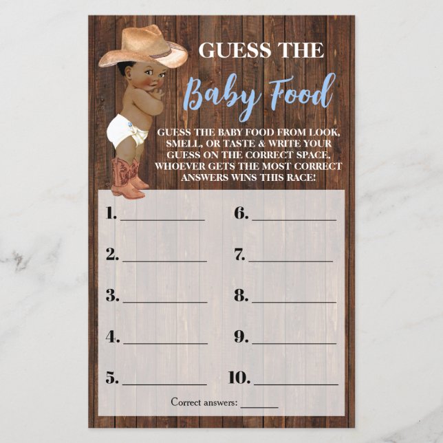 Guess Baby Food AA Cowboy Baby Shower Game Card Flyer (Front)