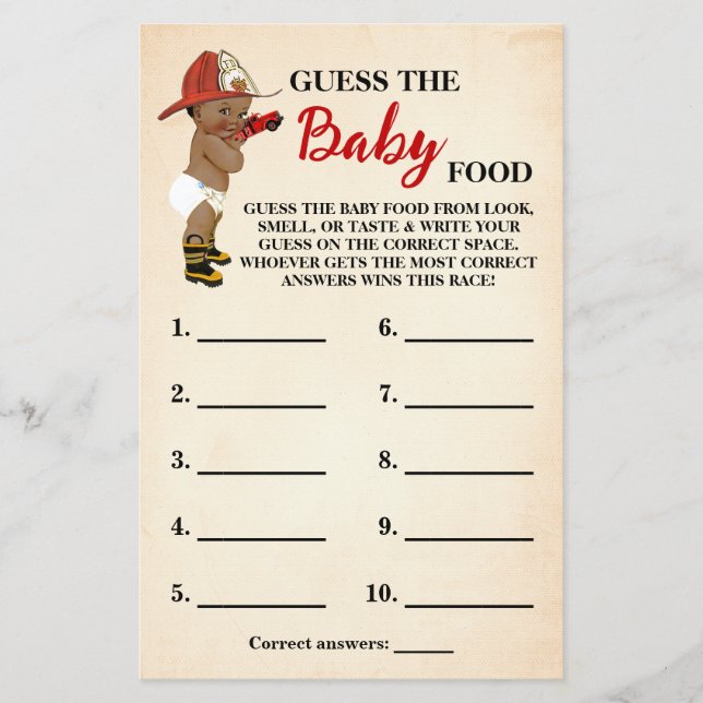 Guess Baby Food AA Fireman Baby Shower Game Card Flyer (Front)