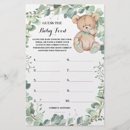 Guess Baby Food Bear Greenery Shower Game Card Flyer