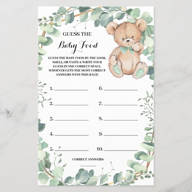 Guess Baby Food Bear Greenery Shower Game Card Flyer (Front)