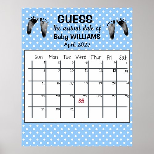 Guess Due Date Calendar Baby Footprints Poster