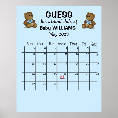 Guess Due Date Calendar with Bears Poster