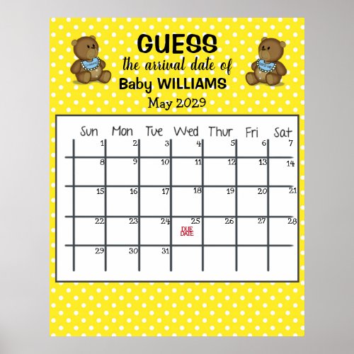 Guess Due Date Calendar with Bears Poster