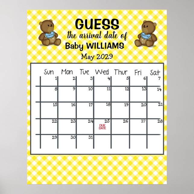 Guess Due Date Calendar with Bears Poster (Front)