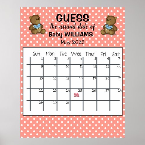 Guess Due Date Calendar with Bears Poster