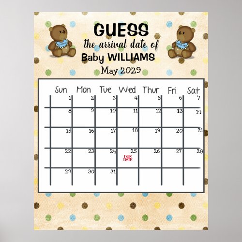 Guess Due Date Calendar with Bears Poster