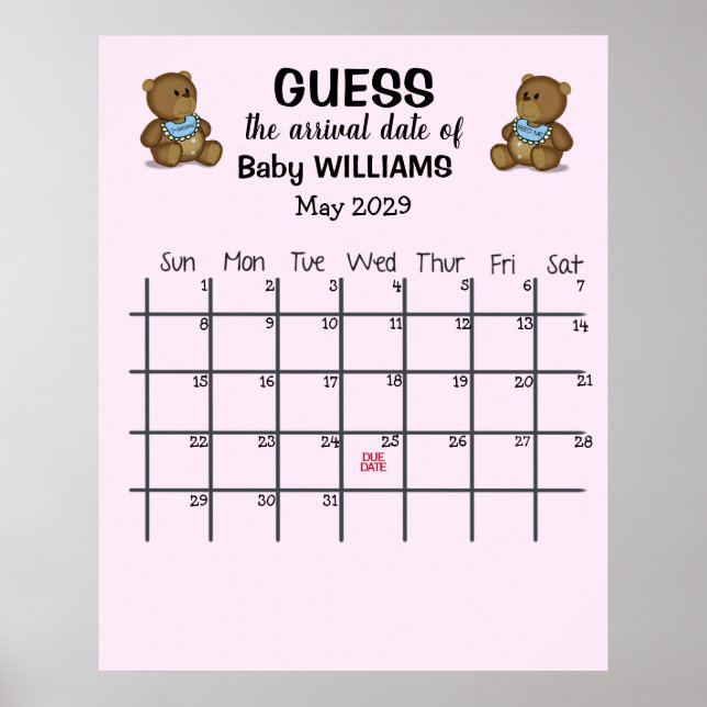 Guess Due Date Calendar with Bears Poster (Front)