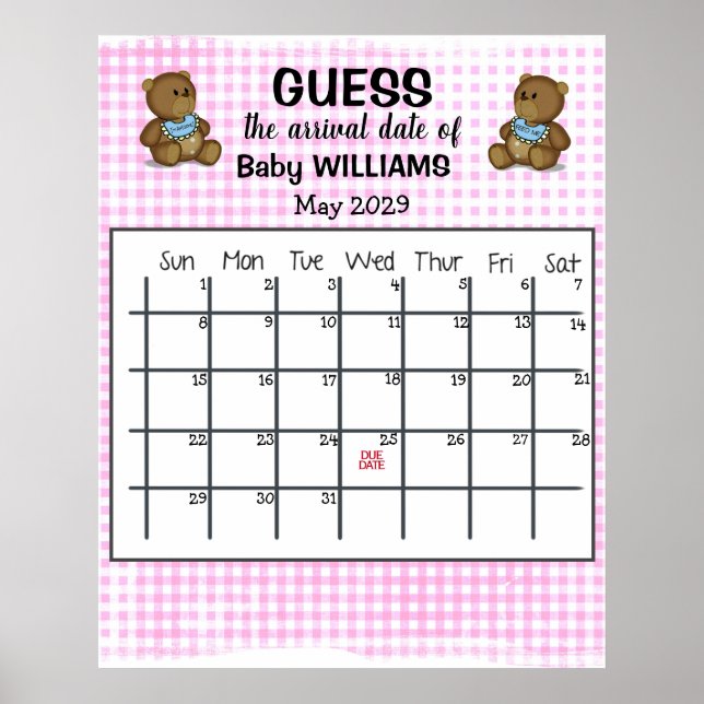 Guess Due Date Calendar with Bears Poster (Front)