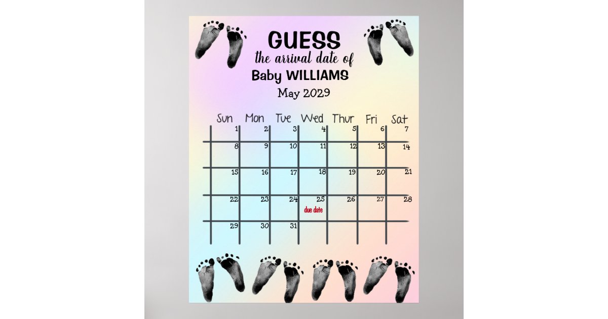 Guess Due Date Calendar with Footprints Poster Zazzle
