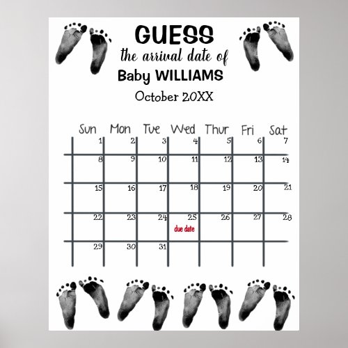 Guess Due Date Calendar with Footprints Poster