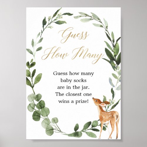 Guess how many baby shower game Deer greenery gold Poster