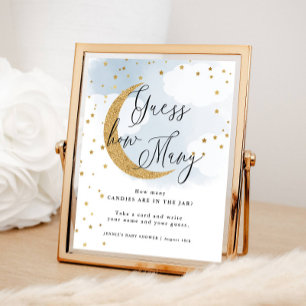 Guess How Many Blue Over the Moon Baby Shower Game Poster