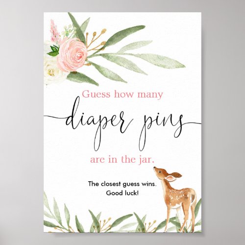 Guess how many diaper pins game pink gold deer poster
