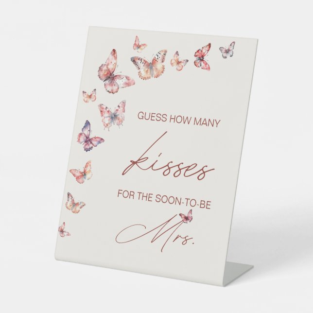 Guess How Many Kisses Bridal Shower Butterfly Game Pedestal Sign (Front)