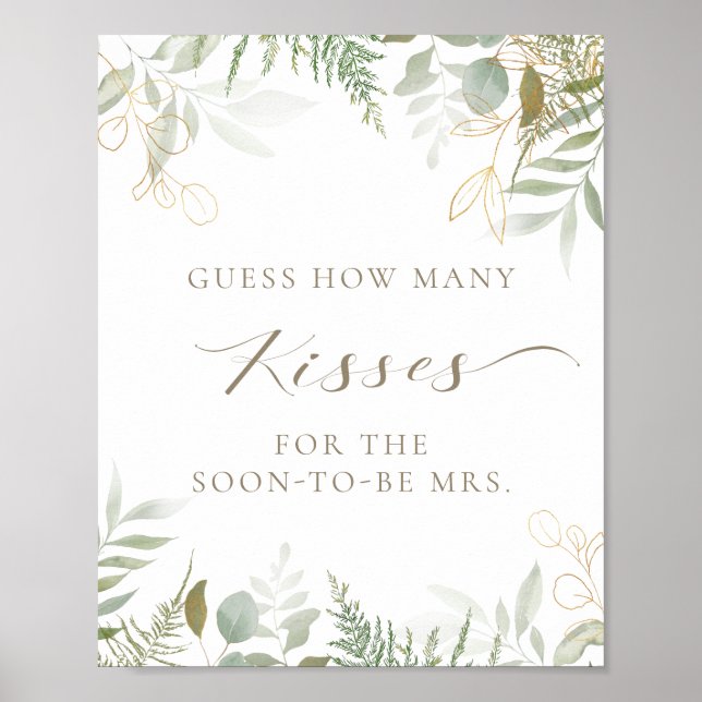 Guess How Many Kisses Greenery Bridal Shower Game Poster (Front)