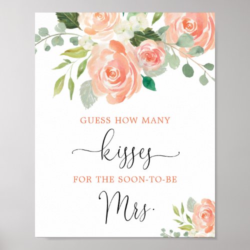 Guess how many kisses peach bridal shower game poster