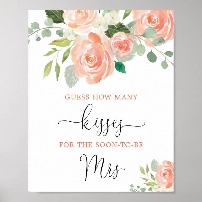 Guess how many kisses peach bridal shower game poster (Front)