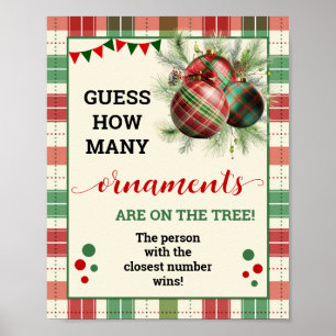 Guess How Many Ornaments Game Christmas Plaid Sign