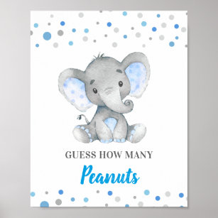 Guess How Many Peanuts Blue Elephant Baby Shower Poster