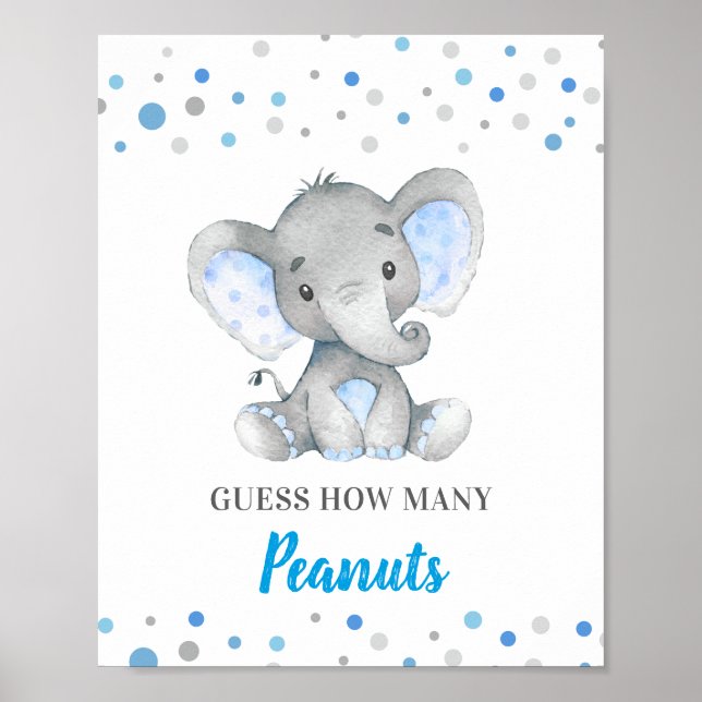 Guess How Many Peanuts Blue Elephant Baby Shower Poster (Front)