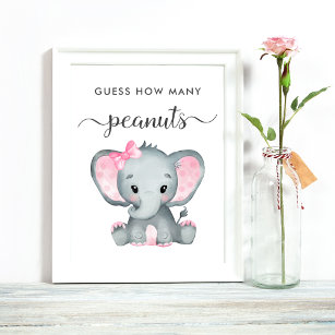 Guess How Many Peanuts Elephant Baby Girl Shower Poster