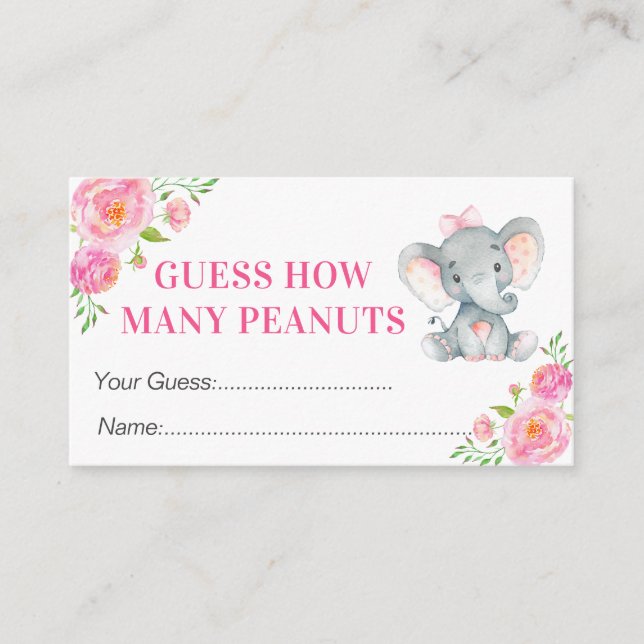 Guess How Many Peanuts Elephant Baby Shower Game Enclosure Card (Front)