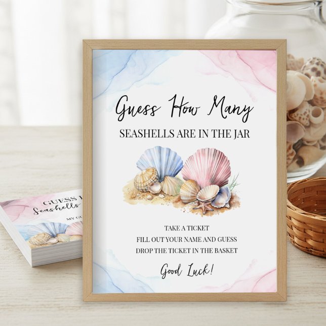 Guess How Many Seashells Gender Reveal Game Sign (Guess how Many game poster from the Coastal Gender Reveal - We Shell Sea collection by Darling & May)
