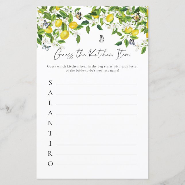 Guess Kitchen Item | Lemon Bridal Shower Game (Front)