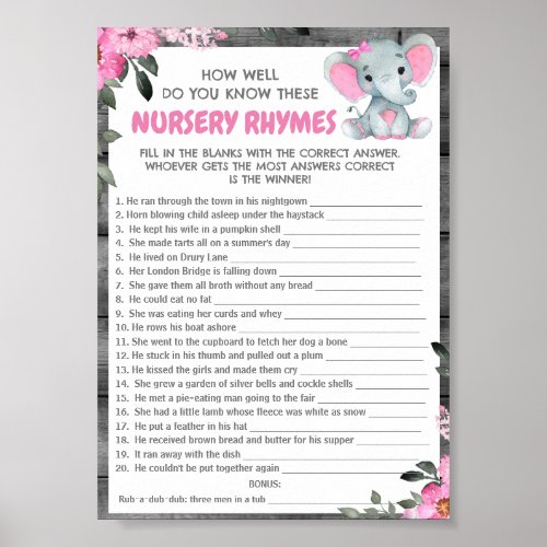 Guess Nursery Rhymes Girl Elephant Shower Game  Poster