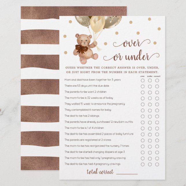 Guess Over or Under Game Baby Shower Teddy Bear  (Front/Back)