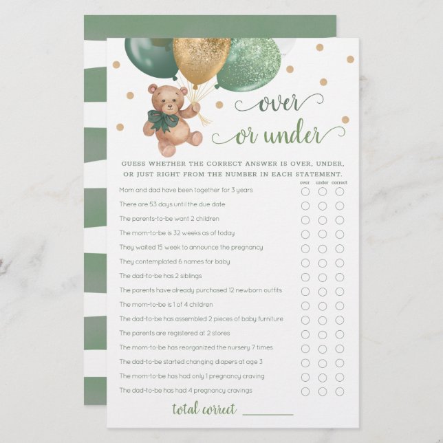 Guess Over or Under Game Baby Shower Teddy Bear  (Front/Back)