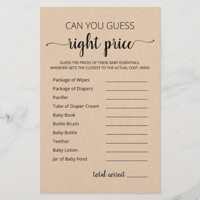 Guess right price game Baby Shower party game (Front)