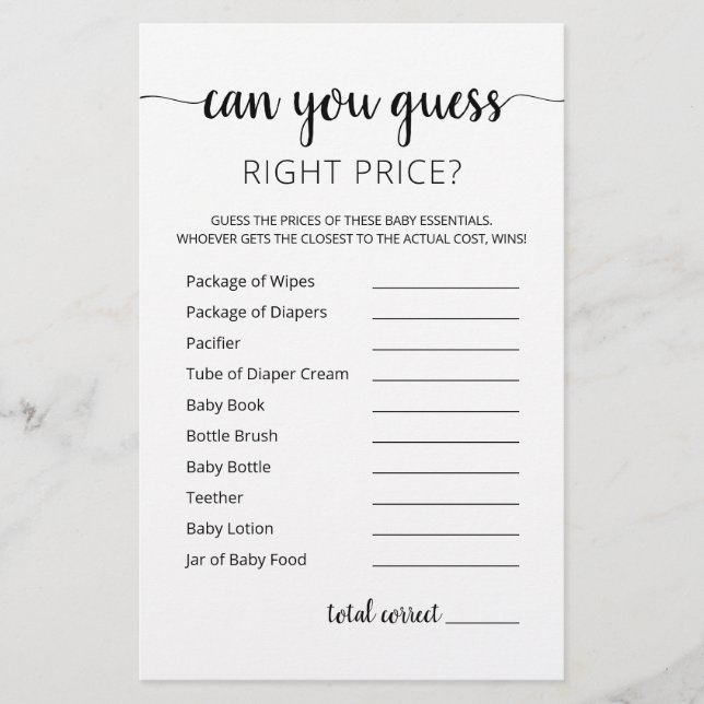 Guess right price game Baby Shower party game (Front)