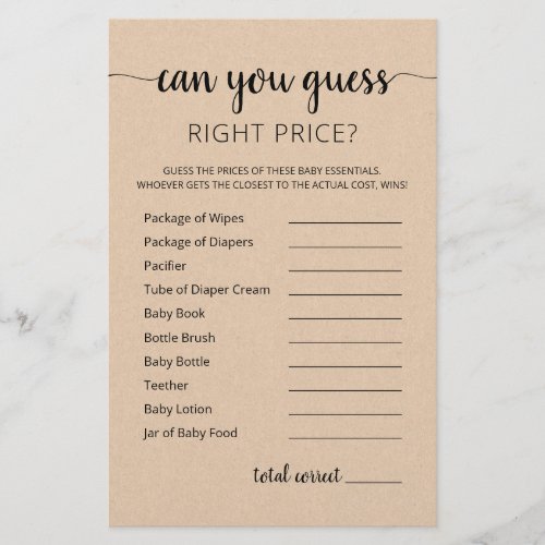 Guess right price game Baby Shower party game