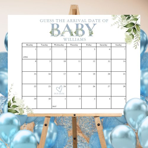 Guess The Arrival Date Greenery Blue Baby Shower Foam Board