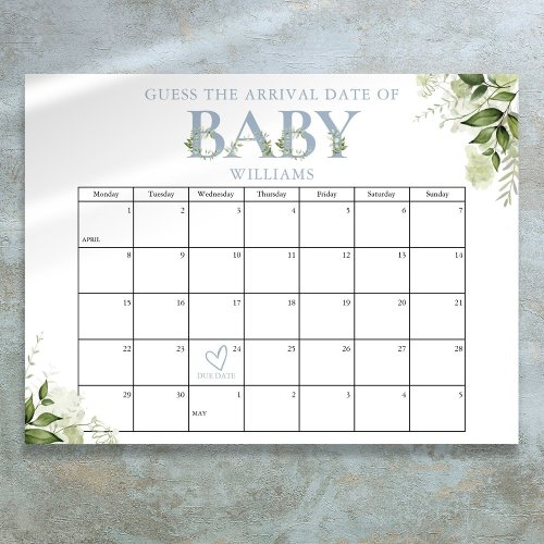 Guess The Arrival Date Greenery Blue Baby Shower Poster